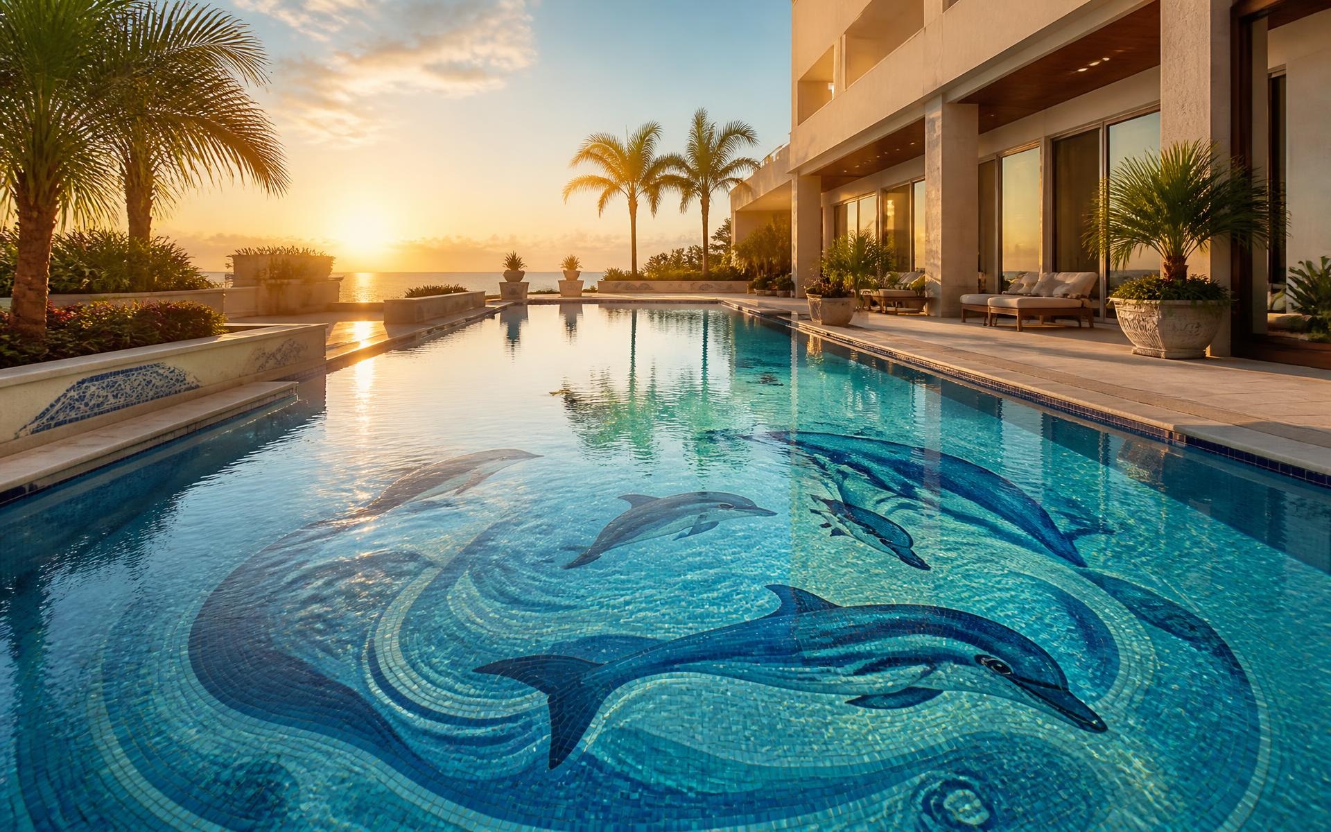 Custom ceramic tile dolphin pool mural at sunset